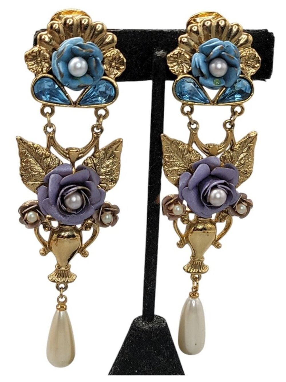 1928 Floral Dangling Statement Earrings Gold Plated Faux Pearl Rhinestones VTG - Picture 8 of 16